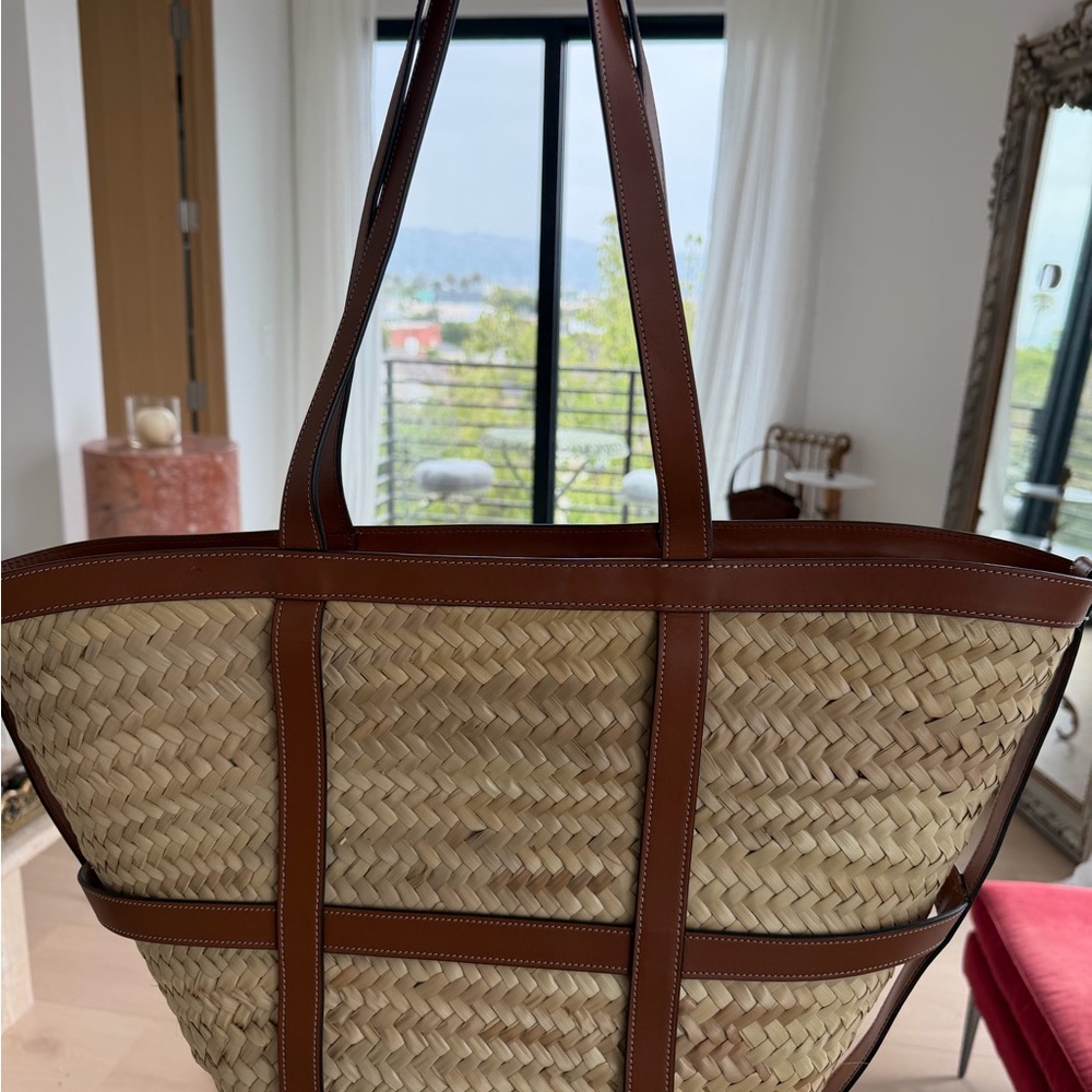 Celine Paris Woven Straw Tote beach Bag Brown Leather Trim